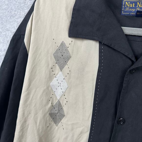 Nat Nast Retro "Diamonds Are Forever" Size XL Black Tan Camp Collar 100% Silk - Picture 6 of 8